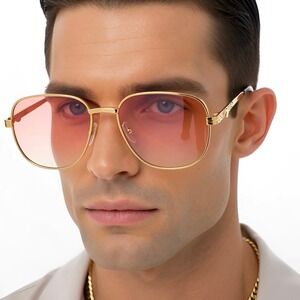 Gold Square Aviator Sunglasses Pink Gradient Lens Retro 70s Braided Temple Mens